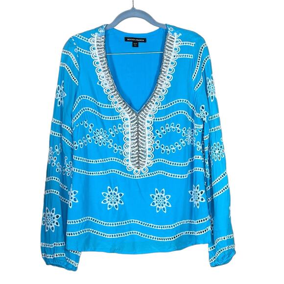 Boston Proper Women’s Turquoise & White Beaded Eyelet Blouse Medium - Picture 1 of 16